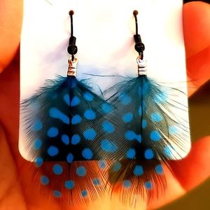 Turquoise blue & black feather drop handmade earrings. $Firm.